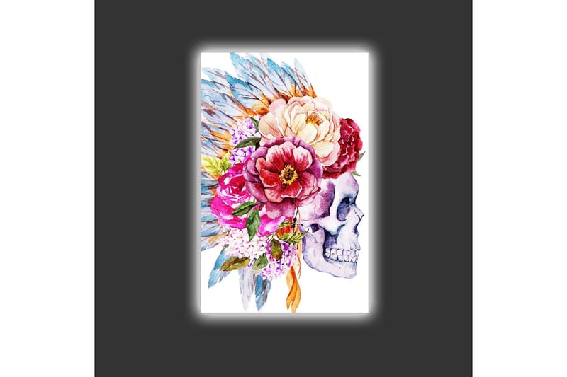Canvastavla med LED-belysning - Skalle dekorerad med färgglada blommor och fjädrar - Lila / Rosa / Grönt - Inredning - Tavlor & konst - Canvastavlor