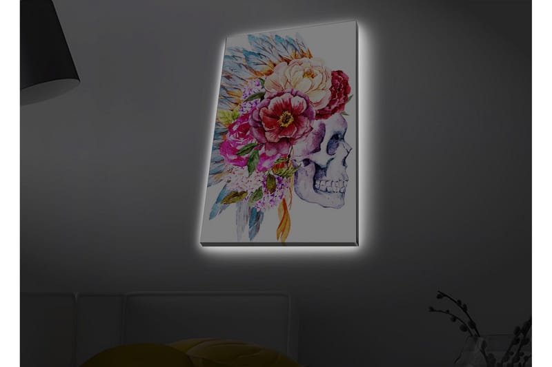 Canvastavla med LED-belysning - Skalle dekorerad med färgglada blommor och fjädrar - Lila / Rosa / Grönt - Inredning - Tavlor & konst - Canvastavlor