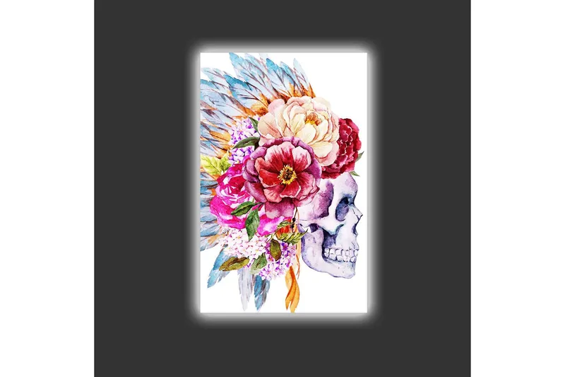 Canvastavla med LED-belysning - Skalle dekorerad med färgglada blommor och fjädrar - Lila / Rosa / Grönt - Inredning - Tavlor & konst - Canvastavlor