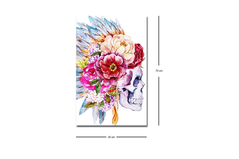 Canvastavla med LED-belysning - Skalle dekorerad med färgglada blommor och fjädrar - Lila / Rosa / Grönt - Inredning - Tavlor & konst - Canvastavlor