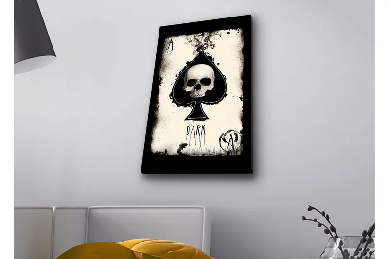 Canvastavla med LED-belysning - Skalle i spaderform med mörka inslag, Svart / Vit / Grå