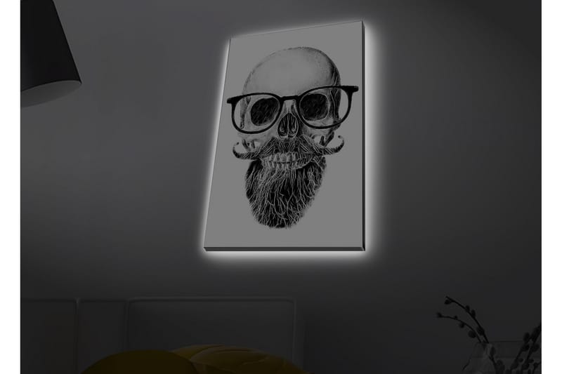 Canvastavla med LED-belysning - Skalle med glasögon och mustasch - Svart / Grå / Vit - Inredning - Tavlor & konst - Canvastavlor