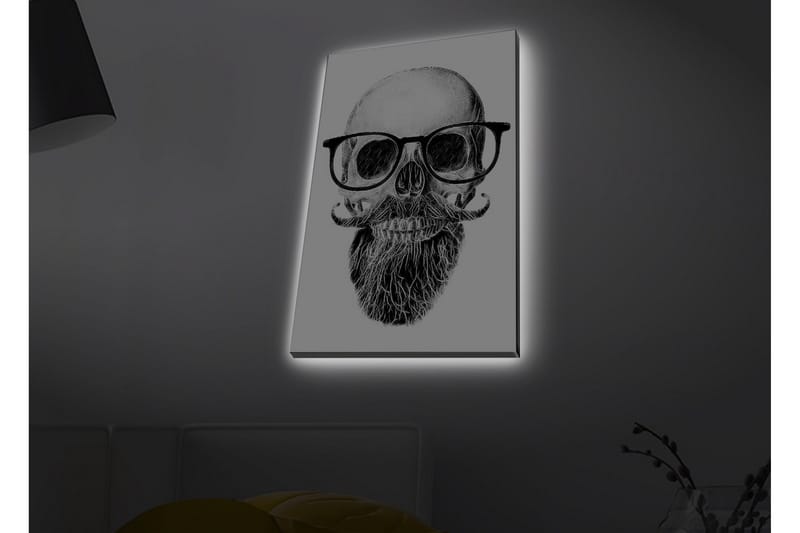 Canvastavla med LED-belysning - Skalle med glasögon och mustasch - Svart / Grå / Vit - Inredning - Tavlor & konst - Canvastavlor