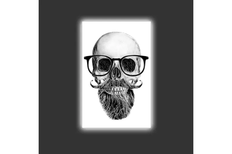 Canvastavla med LED-belysning - Skalle med glasögon och mustasch - Svart / Grå / Vit - Inredning - Tavlor & konst - Canvastavlor