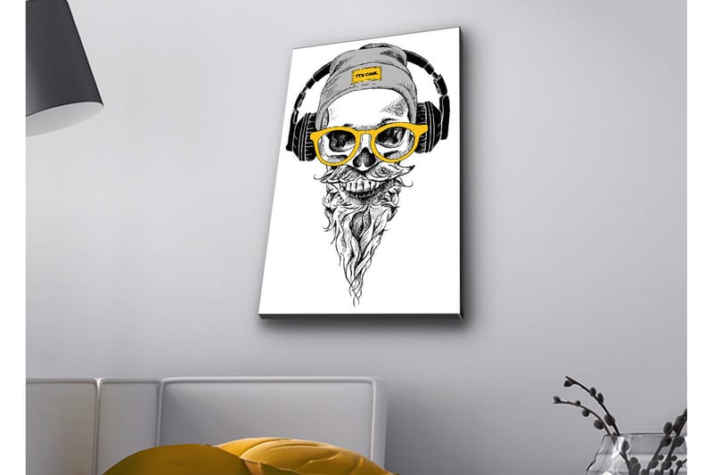 Canvastavla med LED-belysning - Skalle med hörlurar och glasögon i en modern stil - Svart / Gult / Grått - Inredning - Tavlor & konst - Canvastavlor