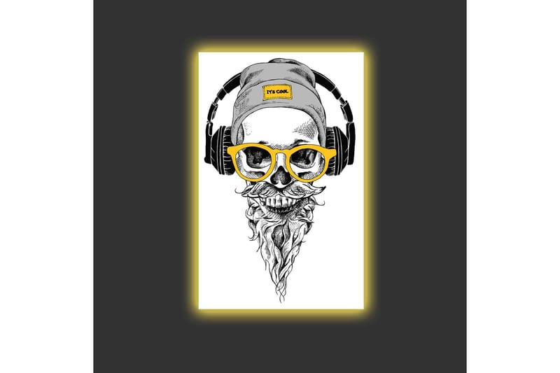 Canvastavla med LED-belysning - Skalle med hörlurar och glasögon i en modern stil - Svart / Gult / Grått - Inredning - Tavlor & konst - Canvastavlor