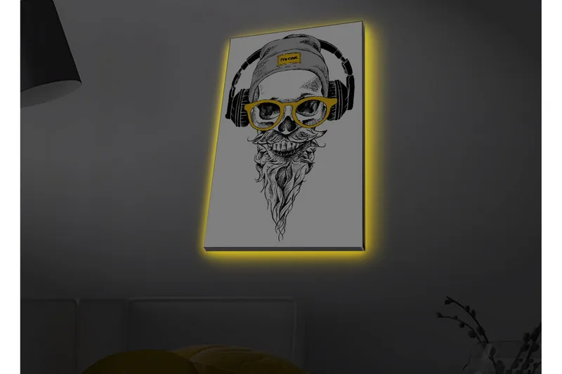 Canvastavla med LED-belysning - Skalle med hörlurar och glasögon i en modern stil, Svart / Gult / Grått