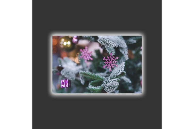 Canvastavla med LED-belysning - Snöflingor på en grön gran med juldekorationer - Grön / Vit / Rosa - Inredning - Tavlor & konst - Canvastavlor