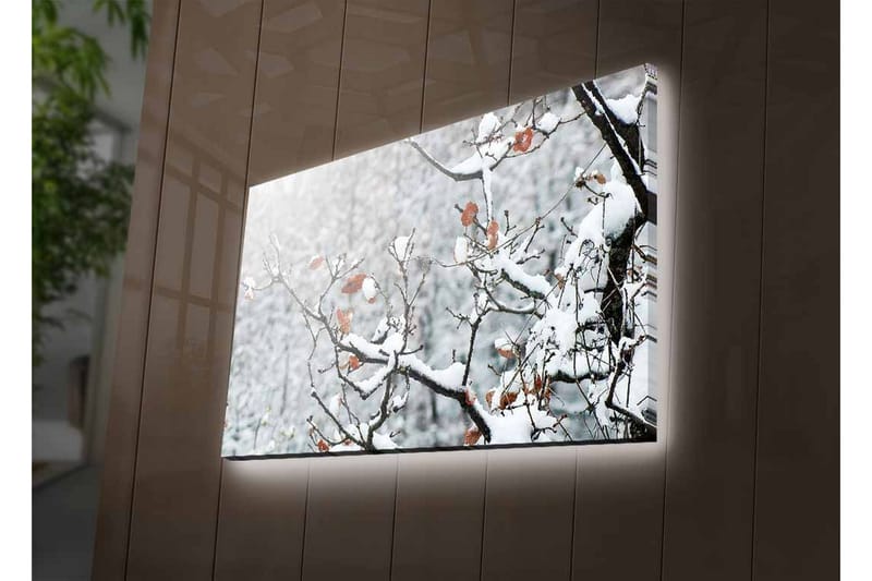 Canvastavla med LED-belysning - Snöklädda grenar med bruna löv - Vitt / Brunt / Grått - Inredning - Tavlor & konst - Canvastavlor