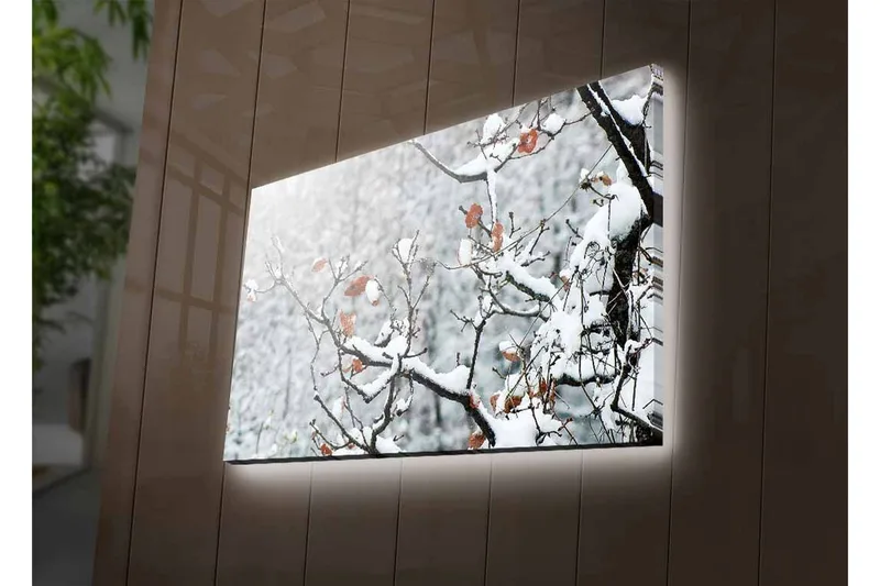 Canvastavla med LED-belysning - Snöklädda grenar med bruna löv - Vitt / Brunt / Grått - Inredning - Tavlor & konst - Canvastavlor