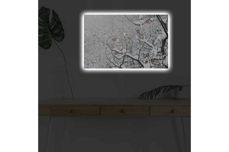 Canvastavla med LED-belysning - Snöklädda grenar med bruna löv - Vitt / Brunt / Grått - Inredning - Tavlor & konst - Canvastavlor
