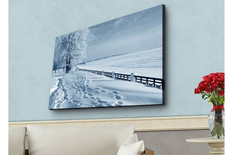 Canvastavla med LED-belysning - Snötäckt landskap med spår i snön och träd längs en väg, Vit / Ljusblå / Grå