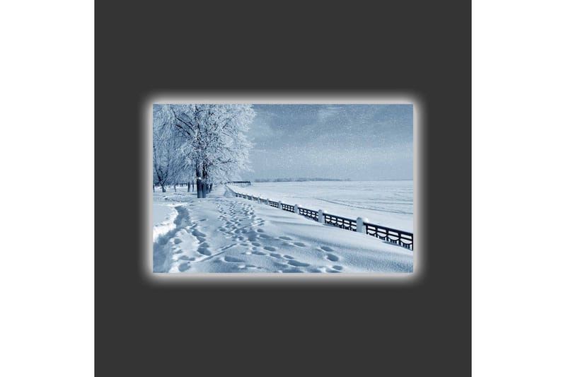 Canvastavla med LED-belysning - Snötäckt landskap med spår i snön och träd längs en väg - Vit / Ljusblå / Grå - Inredning - Tavlor & konst - Canvastavlor