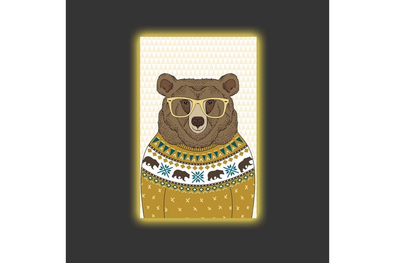 Canvastavla med LED-belysning - Snygg björn med glasögon i en mönstrad tröja - Brun / Gul / Blå - Inredning - Tavlor & konst - Canvastavlor