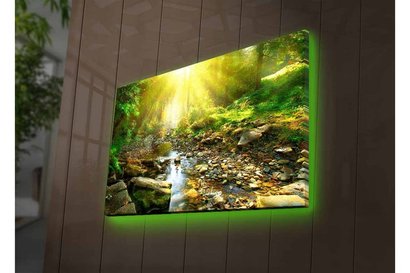 Canvastavla med LED-belysning - Solbelyst skog med en porlande bäck - Grön / Gul / Brun - Inredning - Tavlor & konst - Canvastavlor