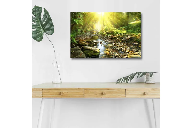 Canvastavla med LED-belysning - Solbelyst skog med en porlande bäck, Grön / Gul / Brun