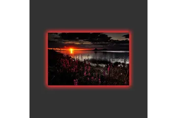 Canvastavla med LED-belysning - Solnedgång över en spegelblanka sjö med blommande växter i förgrunden - Mörkrosa / Orange / Svart - Inredning - Tavlor & konst - Canvastavlor
