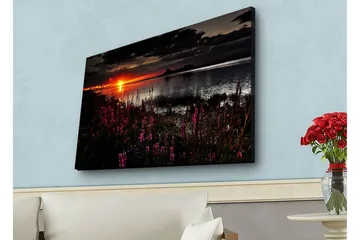 Canvastavla med LED-belysning - Solnedgång över en spegelblanka sjö med blommande växter i förgrunden - Mörkrosa / Orange / Svart - Inredning - Tavlor & konst - Canvastavlor