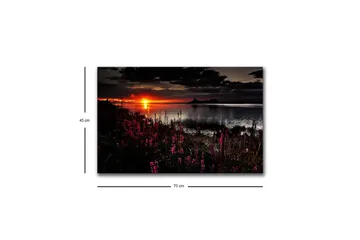 Canvastavla med LED-belysning - Solnedgång över en spegelblanka sjö med blommande växter i förgrunden - Mörkrosa / Orange / Svart - Inredning - Tavlor & konst - Canvastavlor