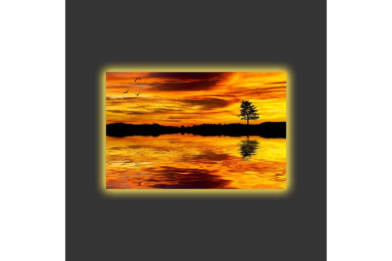 Canvastavla med LED-belysning - Solnedgång över en spegelblanka sjö med silhouett av ett träd - Guld / Orange / Svart - Inredning - Tavlor & konst - Canvastavlor