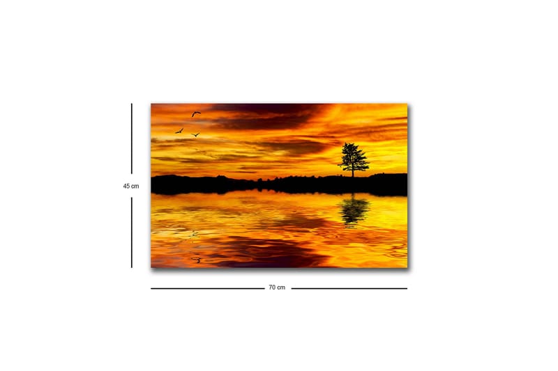 Canvastavla med LED-belysning - Solnedgång över en spegelblanka sjö med silhouett av ett träd - Guld / Orange / Svart - Inredning - Tavlor & konst - Canvastavlor