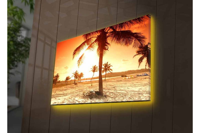 Canvastavla med LED-belysning - Solnedgång över en strand med palmer - Orange / Guld / Beige - Inredning - Tavlor & konst - Canvastavlor