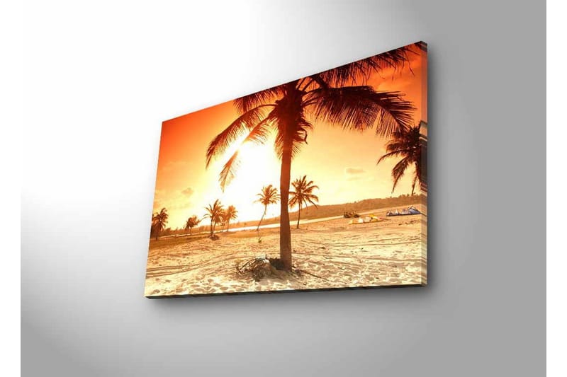 Canvastavla med LED-belysning - Solnedgång över en strand med palmer - Orange / Guld / Beige - Inredning - Tavlor & konst - Canvastavlor