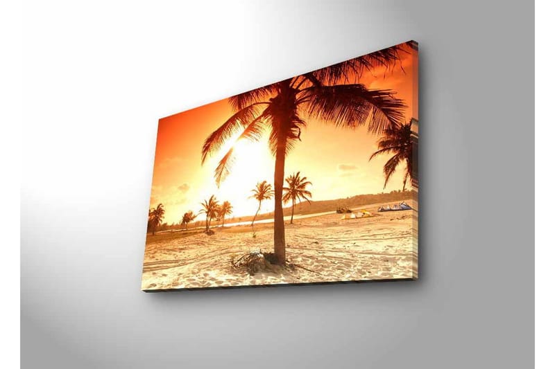 Canvastavla med LED-belysning - Solnedgång över en strand med palmer - Orange / Guld / Beige - Inredning - Tavlor & konst - Canvastavlor