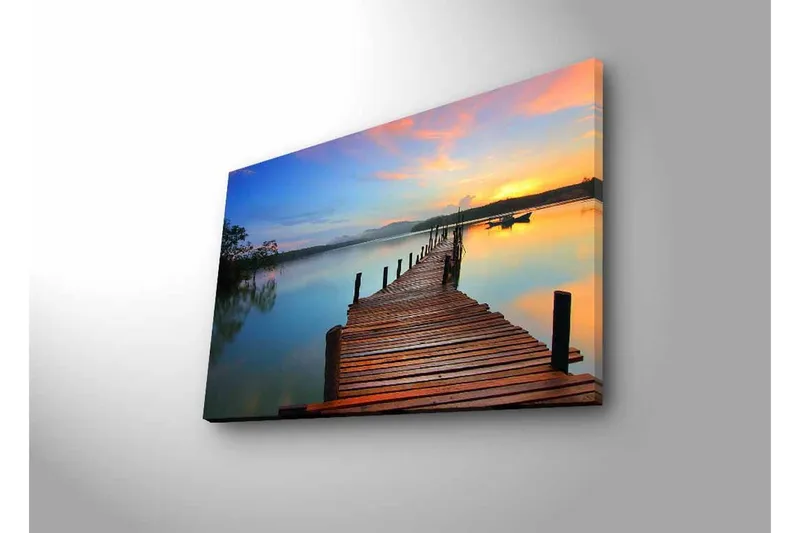 Canvastavla med LED-belysning - Solnedgång över en träbrygga vid vattnet - Orange / Blå / Brun - Inredning - Tavlor & konst - Canvastavlor