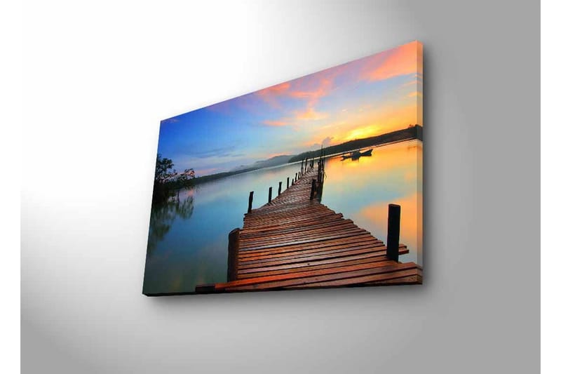 Canvastavla med LED-belysning - Solnedgång över en träbrygga vid vattnet - Orange / Blå / Brun - Inredning - Tavlor & konst - Canvastavlor