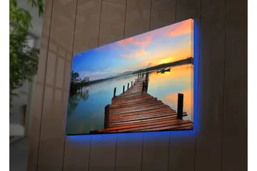 Canvastavla med LED-belysning - Solnedgång över en träbrygga vid vattnet - Orange / Blå / Brun - Inredning - Tavlor & konst - Canvastavlor