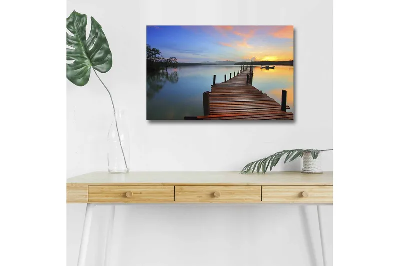 Canvastavla med LED-belysning - Solnedgång över en träbrygga vid vattnet - Orange / Blå / Brun - Inredning - Tavlor & konst - Canvastavlor