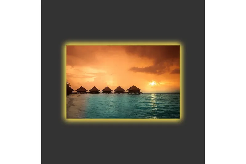 Canvastavla med LED-belysning - Solnedgång över en tropisk strand med övervattensbungalower - Orange / Turkos - Inredning - Tavlor & konst - Canvastavlor