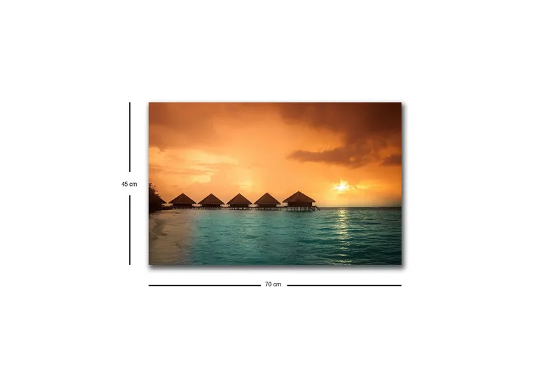 Canvastavla med LED-belysning - Solnedgång över en tropisk strand med övervattensbungalower - Orange / Turkos - Inredning - Tavlor & konst - Canvastavlor
