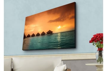 Canvastavla med LED-belysning - Solnedgång över en tropisk strand med övervattensbungalower - Orange / Turkos - Inredning - Tavlor & konst - Canvastavlor