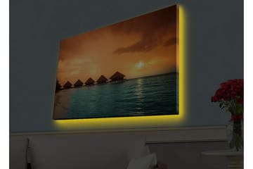Canvastavla med LED-belysning - Solnedgång över en tropisk strand med övervattensbungalower - Orange / Turkos - Inredning - Tavlor & konst - Canvastavlor
