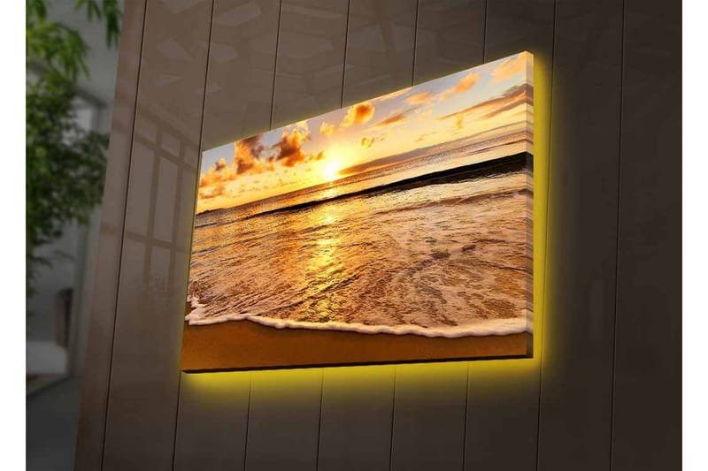 Canvastavla med LED-belysning - Solnedgång över havet med reflektioner på vattnet - Guld / Blå / Sandbeige - Inredning - Tavlor & konst - Canvastavlor