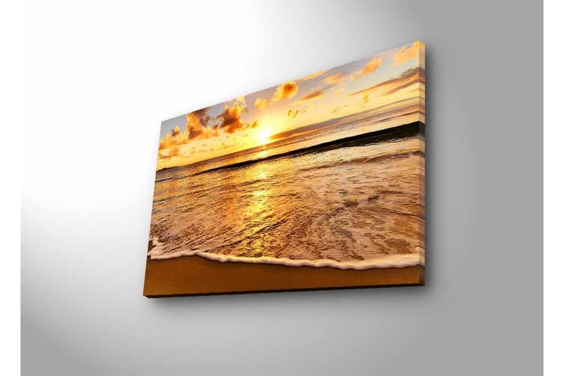 Canvastavla med LED-belysning - Solnedgång över havet med reflektioner på vattnet - Guld / Blå / Sandbeige - Inredning - Tavlor & konst - Canvastavlor