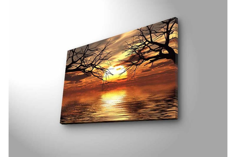 Canvastavla med LED-belysning - Solnedgång över spegelblanka vattenytor med silhuetter av trädgrenar - Guld / Orange / Svart - Inredning - Tavlor & konst - Canvastavlor