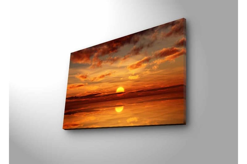 Canvastavla med LED-belysning - Solnedgång över stilla vatten med dramatiska molnformationer - Orange / Guld / Röd - Inredning - Tavlor & konst - Canvastavlor