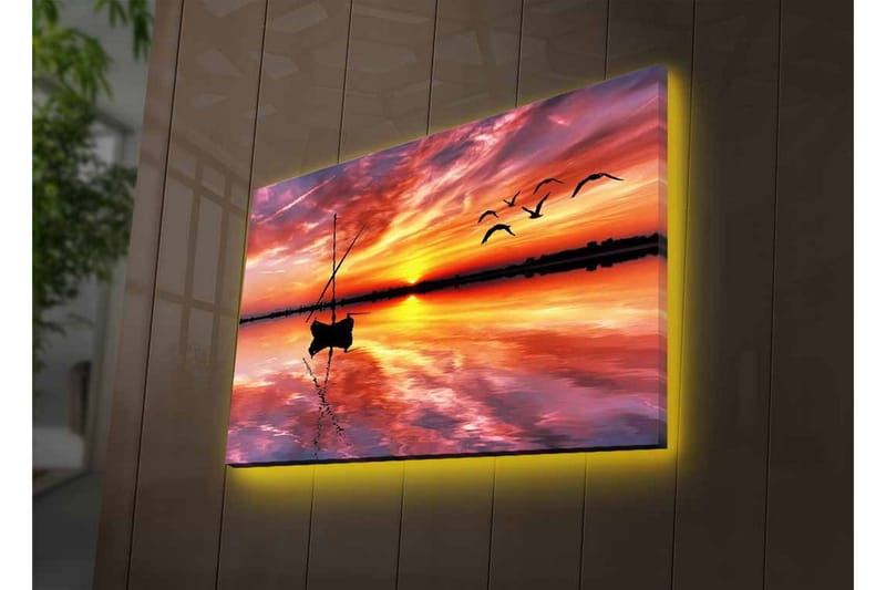 Canvastavla med LED-belysning - Solnedgång över stilla vatten med en båt och flygande fåglar - Orange / Lila / Blå - Inredning - Tavlor & konst - Canvastavlor