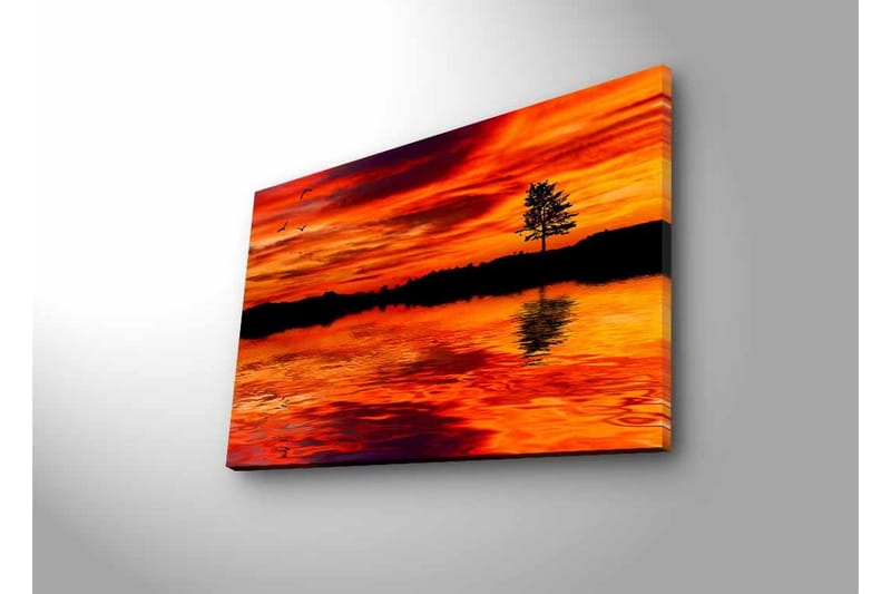 Canvastavla med LED-belysning - Solnedgång över stilla vatten med silhouett av ett ensamt träd - Orange / Röd / Svart - Inredning - Tavlor & konst - Canvastavlor