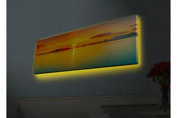 Canvastavla med LED-belysning - Solnedgång över stilla vatten - Orange / Blå / Guld - Inredning - Tavlor & konst - Canvastavlor