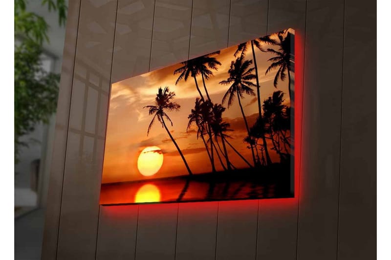 Canvastavla med LED-belysning - Solnedgång med palmer vid horisonten - Orange / Svart / Guld - Inredning - Tavlor & konst - Canvastavlor