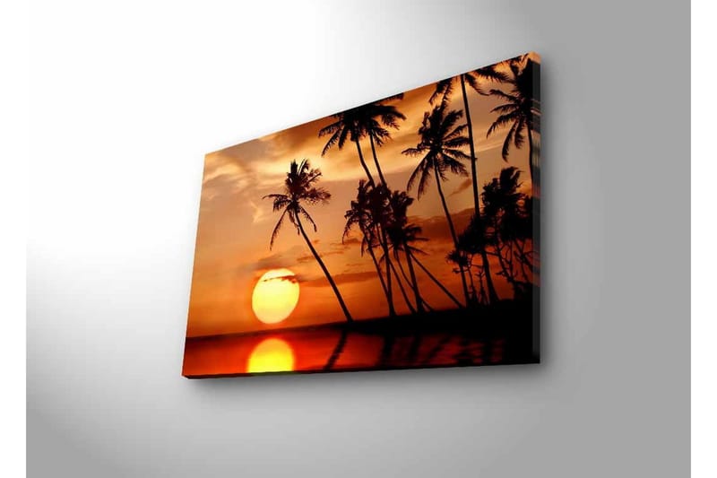Canvastavla med LED-belysning - Solnedgång med palmer vid horisonten - Orange / Svart / Guld - Inredning - Tavlor & konst - Canvastavlor