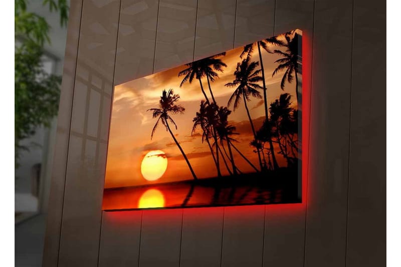 Canvastavla med LED-belysning - Solnedgång med palmer vid horisonten - Orange / Svart / Guld - Inredning - Tavlor & konst - Canvastavlor