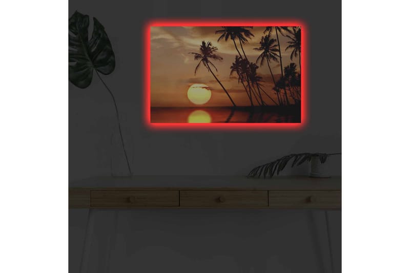 Canvastavla med LED-belysning - Solnedgång med palmer vid horisonten - Orange / Svart / Guld - Inredning - Tavlor & konst - Canvastavlor