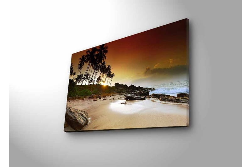 Canvastavla med LED-belysning - Solnedgång vid en tropisk strand med palmer och klippor - Mörkbrun / Beige / Grön - Inredning - Tavlor & konst - Canvastavlor