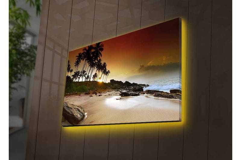 Canvastavla med LED-belysning - Solnedgång vid en tropisk strand med palmer och klippor - Mörkbrun / Beige / Grön - Inredning - Tavlor & konst - Canvastavlor