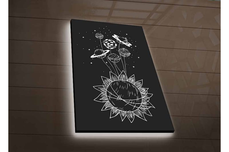 Canvastavla med LED-belysning - Solsystem med planeter och stjärnor i en grafisk komposition - Svart / Vit - Inredning - Tavlor & konst - Canvastavlor